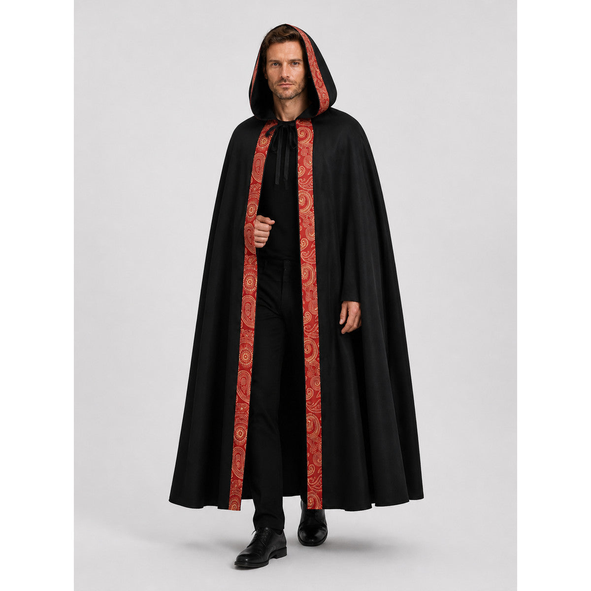 Black Gothic Hooded Cloak with Ornamental Trim Costume Capes detail