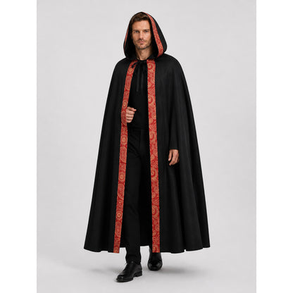 Black Gothic Hooded Cloak with Ornamental Trim Costume Capes detail