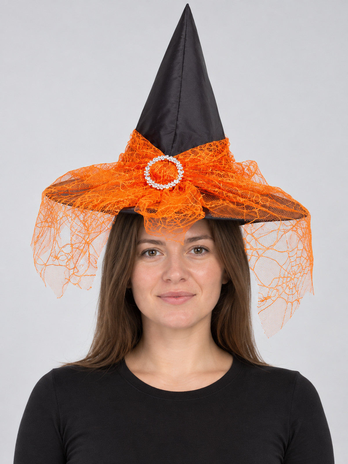 Witch Hat with Mesh Bow and Rhinestones, Black and Orange