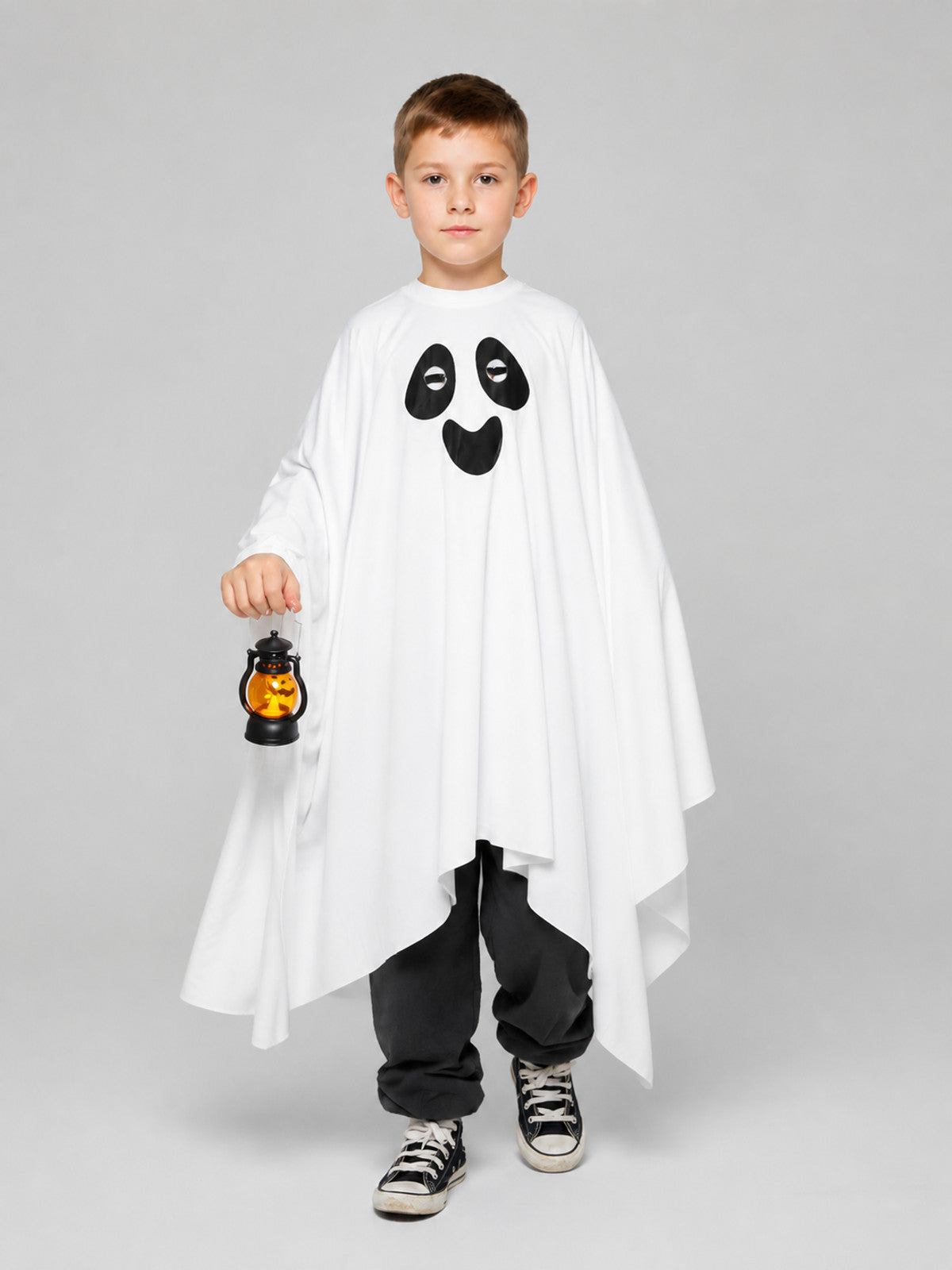 White Ghost Costume with Black Face and Jagged Hem