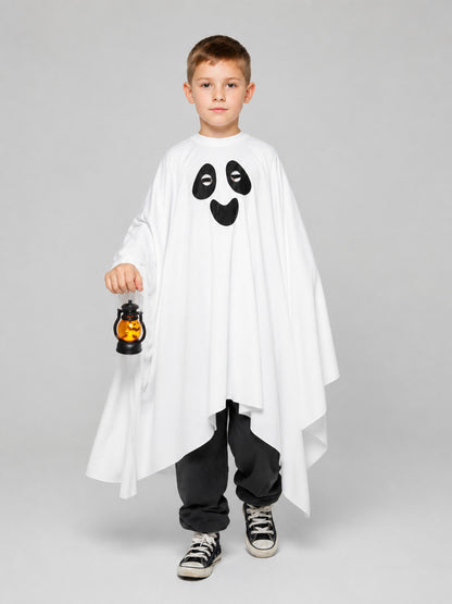 White Ghost Costume with Black Face and Jagged Hem