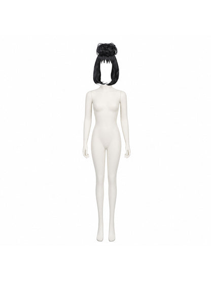 Black Wig with Bangs and Bun for Cosplay Costume Wigs detail