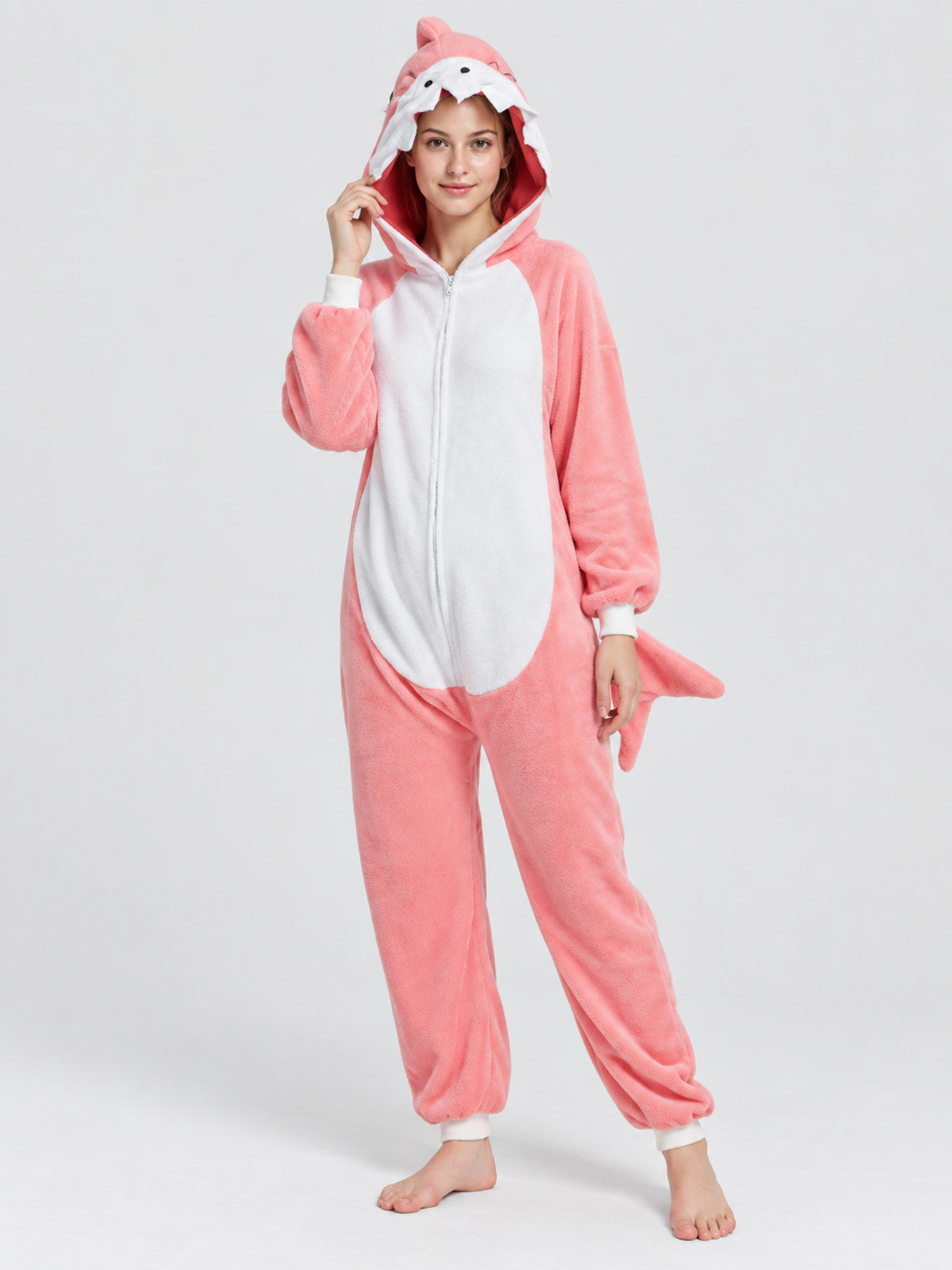 Pink Fleece Hooded Pajama Jumpsuit with Tail