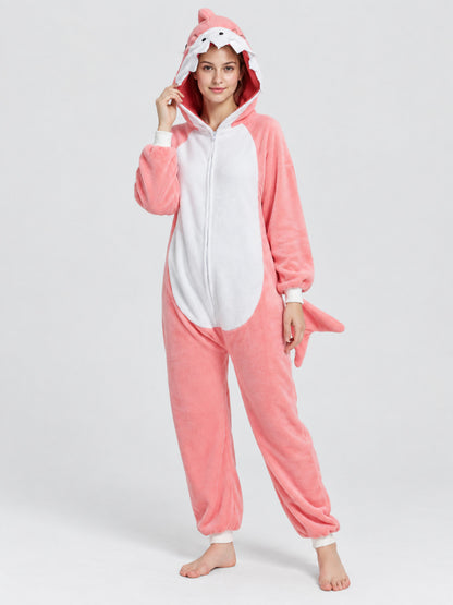 Pink Fleece Hooded Pajama Jumpsuit with Tail