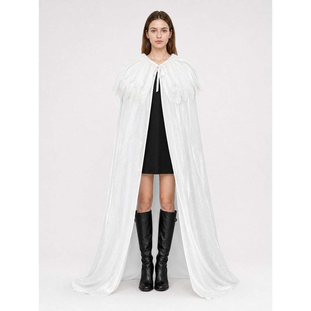 White Velvet Cape with Feather Trim, Maxi lifestyle