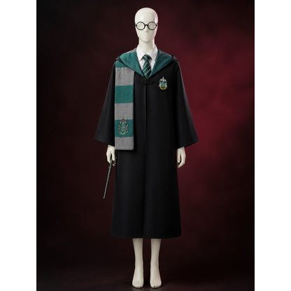 Green Wizard Costume Set, Hooded Robe With Tie, Scarf, Glasses & Wand main product view