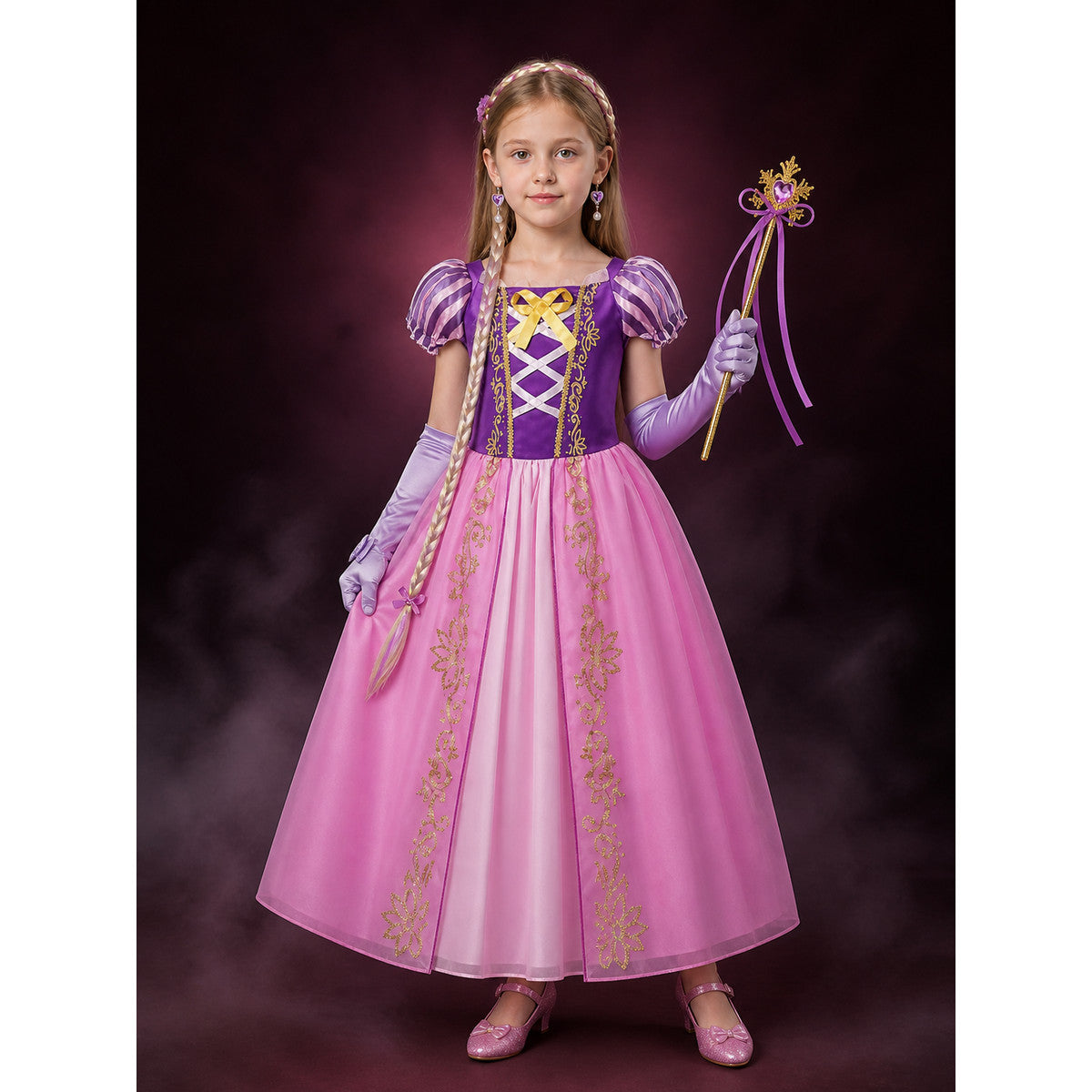 Girls' Rapunzel-Style Princess Costume Dress Set With Wig, Earrings, Gloves And main product view