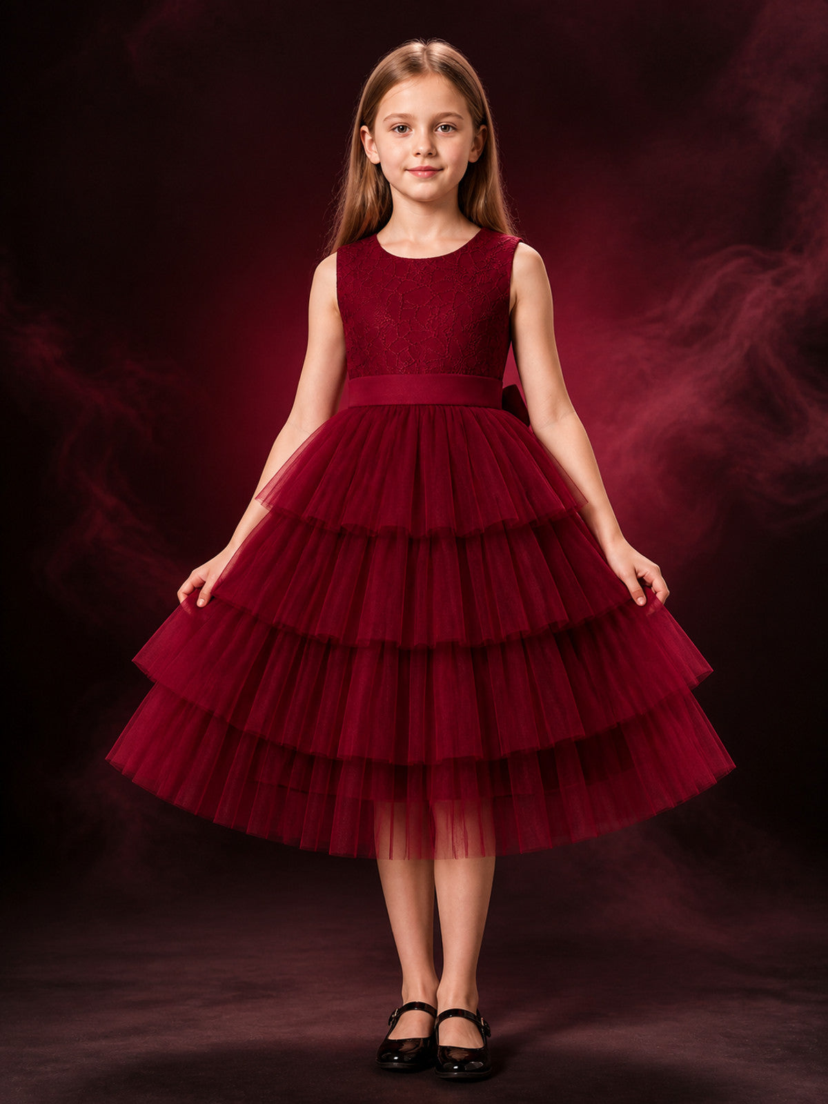 Girls' Maroon Princess Dress, Lace-Patterned Top and Layered Tulle Skirt main product view