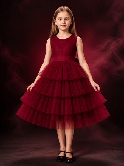 Girls' Maroon Princess Dress, Lace-Patterned Top and Layered Tulle Skirt main product view