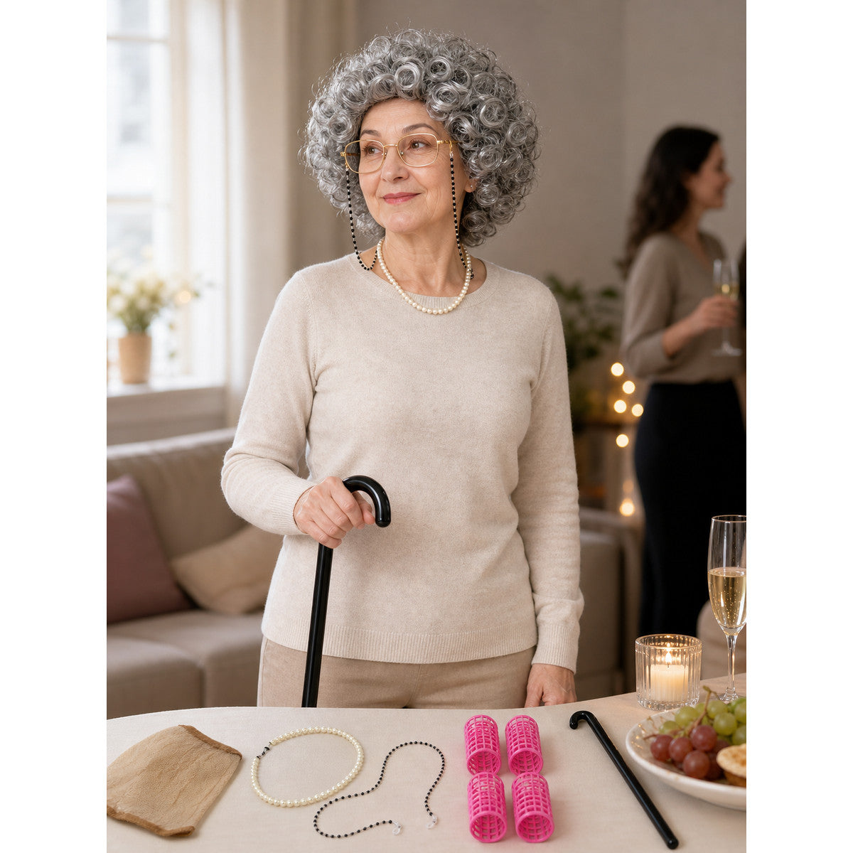 Gray Curly Costume Wig for Halloween and Cosplay lifestyle view