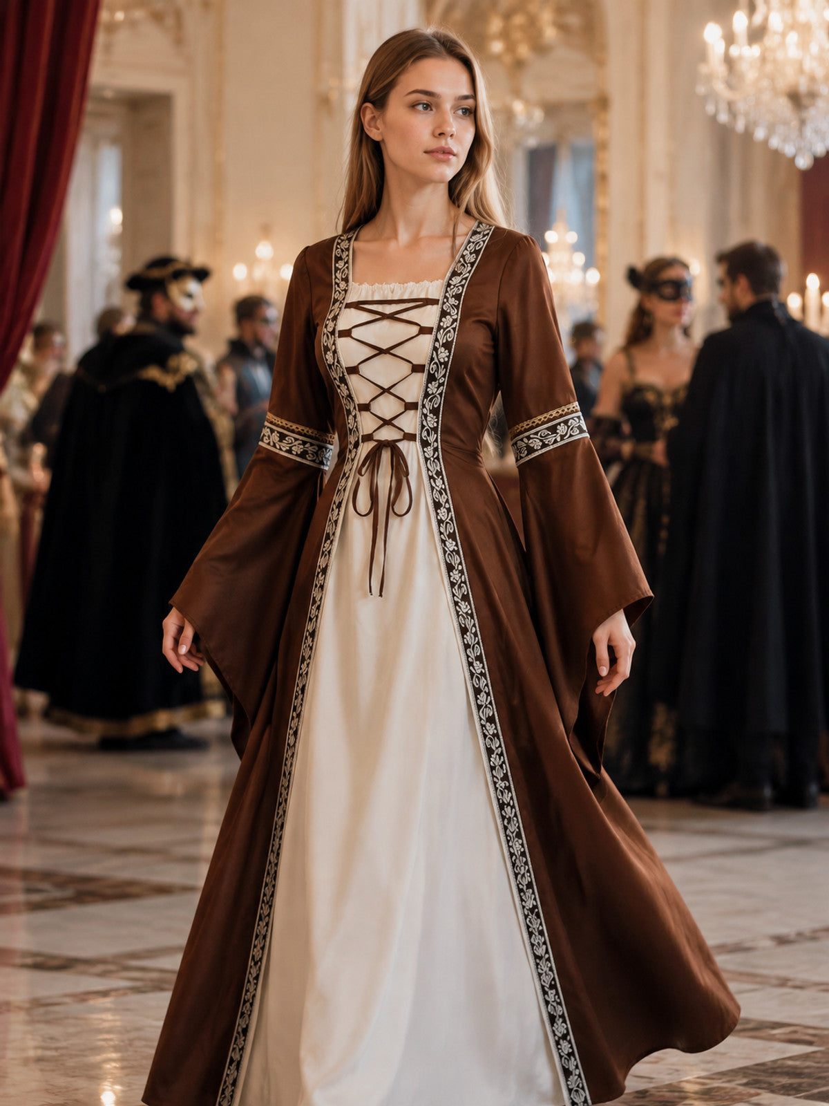 Medieval Brown Dress with White Insert lifestyle view