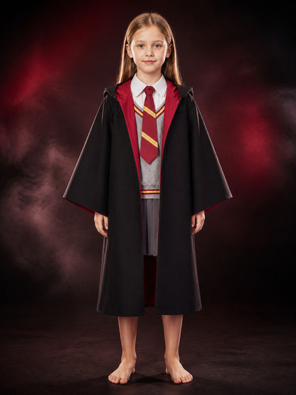 Kids Wizard Robe Costume, Hooded Cape with Red and Gold Stripe Tie, Halloween