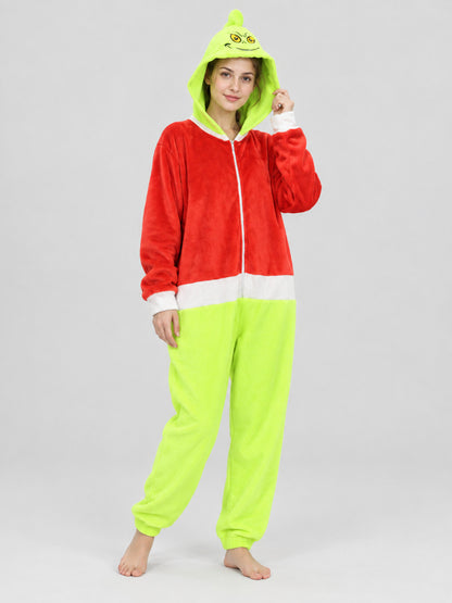 Flannel Hooded Zip Pajama Jumpsuit, Red