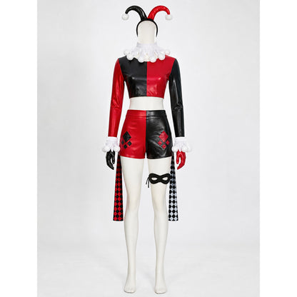 Black and red harlequin clown costume set on a mannequin with jester headband, pom-pom collar, gloves, eye mask and diamond stockings