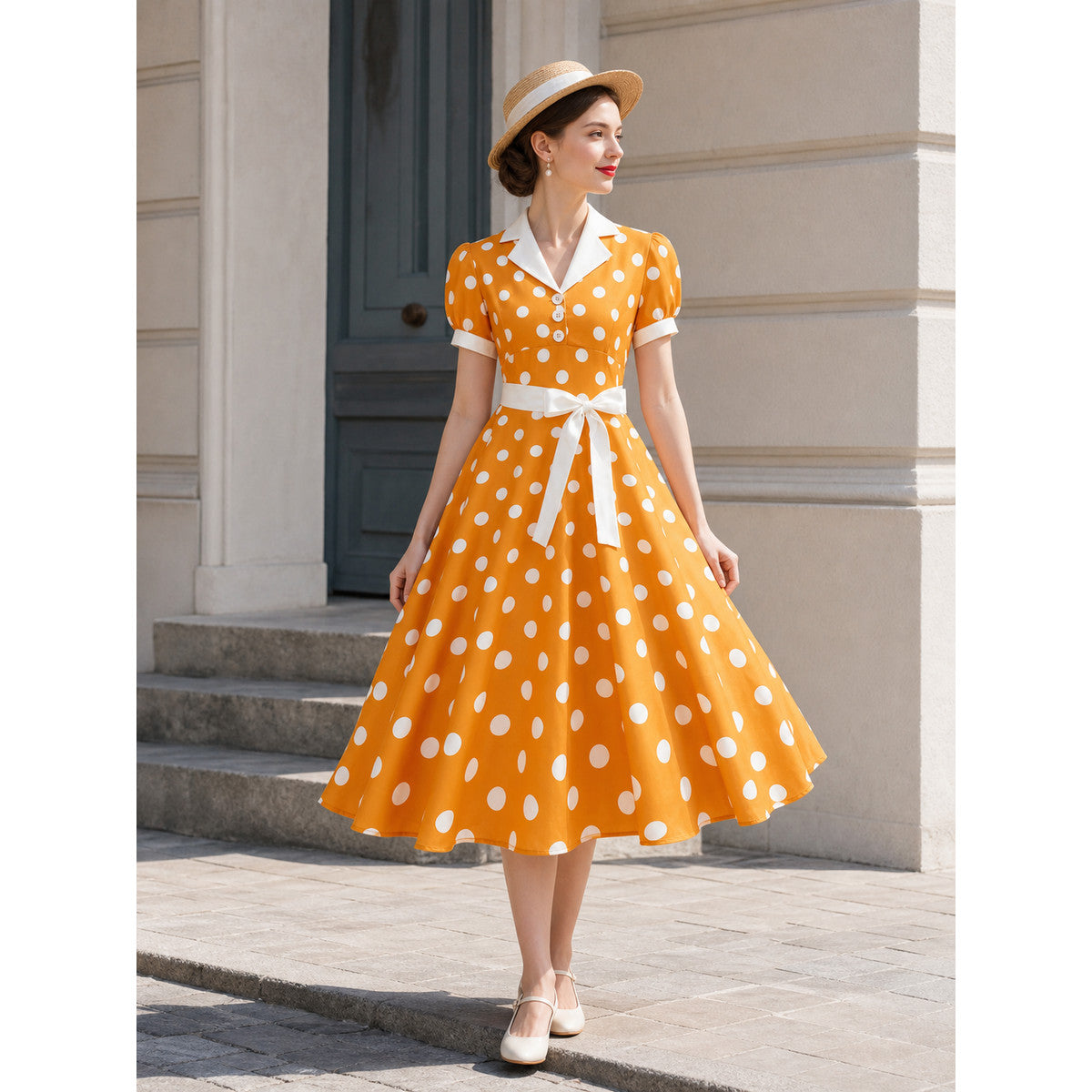 Dress with a White Collar, Bow Belt, and Polka-Dot Print. The dress is designed in an orange-and-white color scheme, with a white polka-dot pattern on an orange background across the upper portion and skirt. A white Peter Pan collar and sho