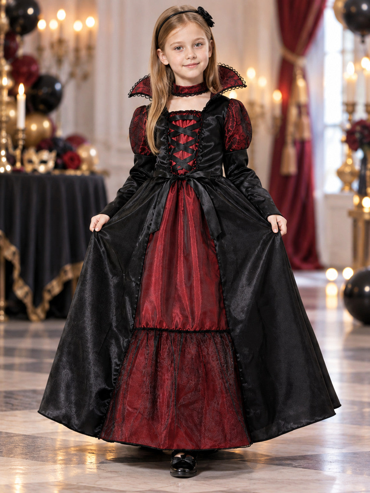 Kids' carnival costume with a puffy skirt, black and burgundy