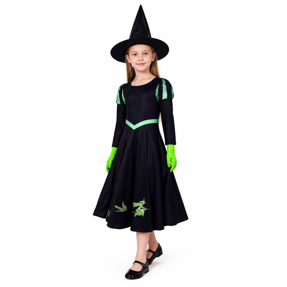 Unisex Witch Costume Set, Black Long Sleeve A-Line Dress with Green V Trim, Hat on-model front view