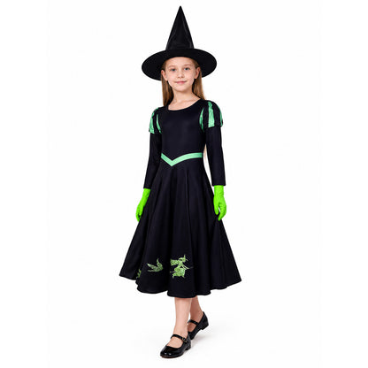 Unisex Witch Costume Set, Black Long Sleeve A-Line Dress with Green V Trim, Hat on-model front view