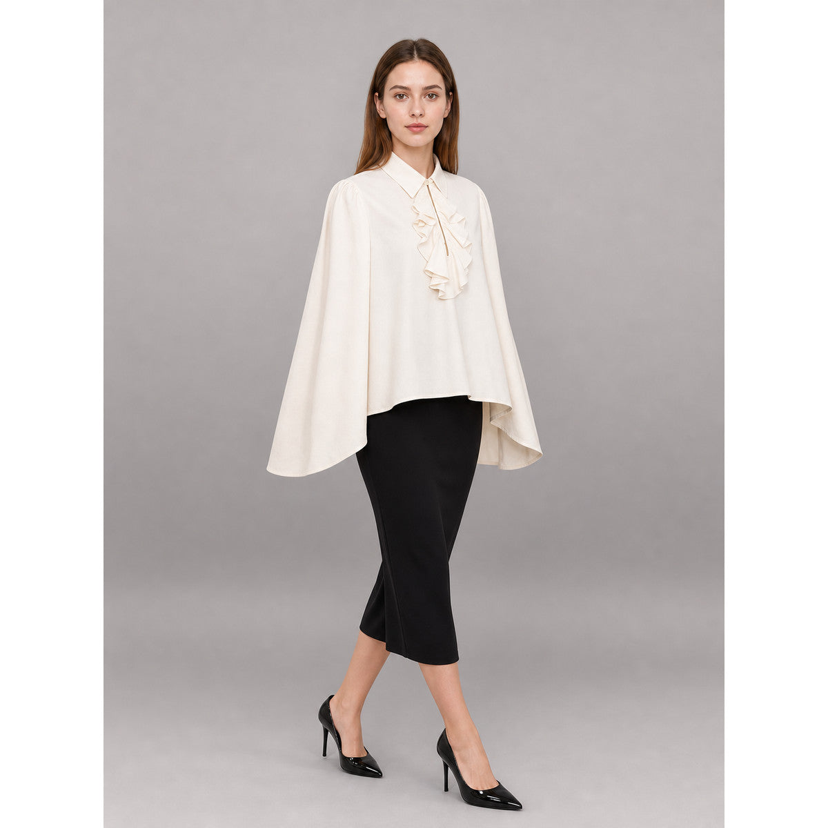 White blouse with a high collar and ruffles occasion guide