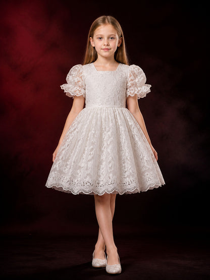 Girls' White Lace Embroidered Princess Dress, Puff Sleeve Short Tutu Outfit main product view