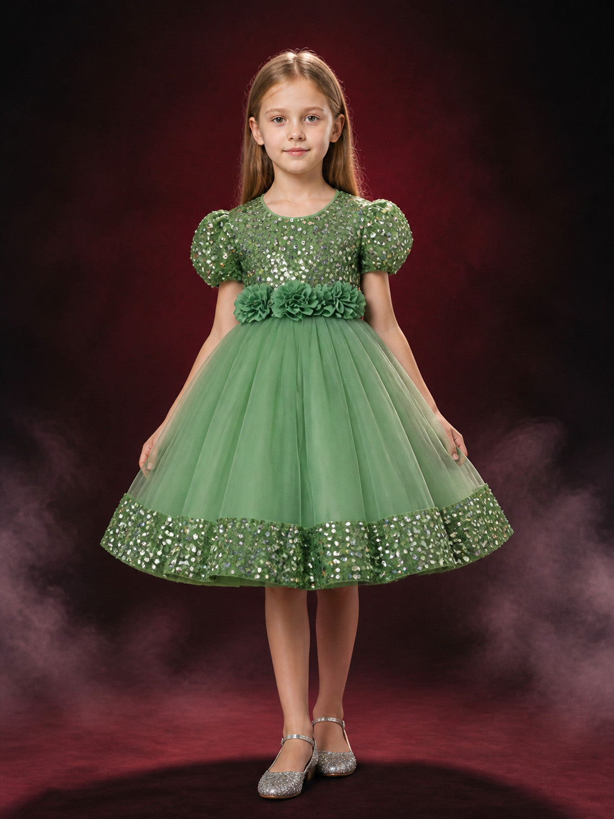 Baby Girls' Princess Dress with Sequins, Layered Tulle Skirt and 3D Flowers main product view