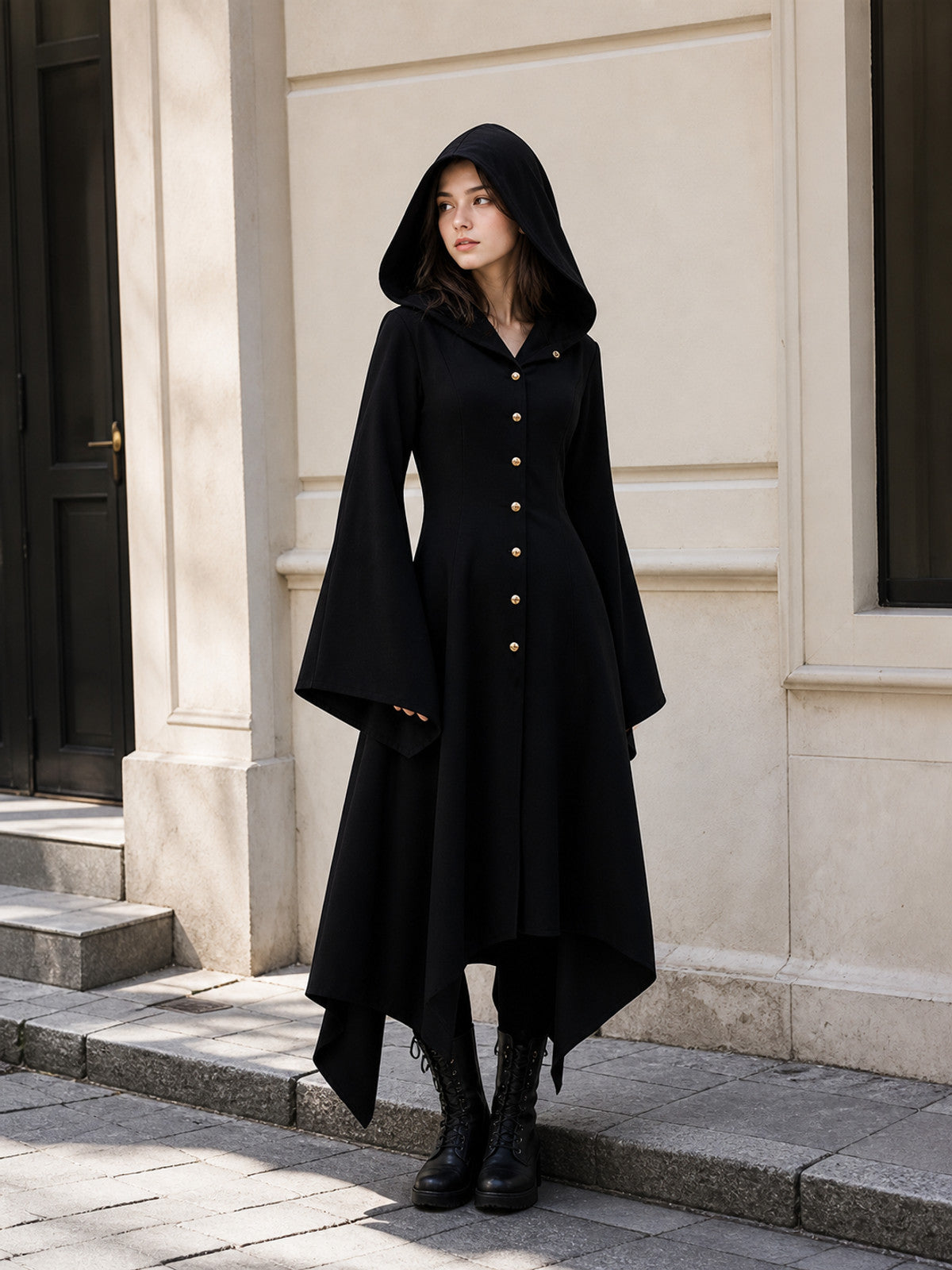 Women’s Long Hooded Cloak with Flared Sleeves product detail
