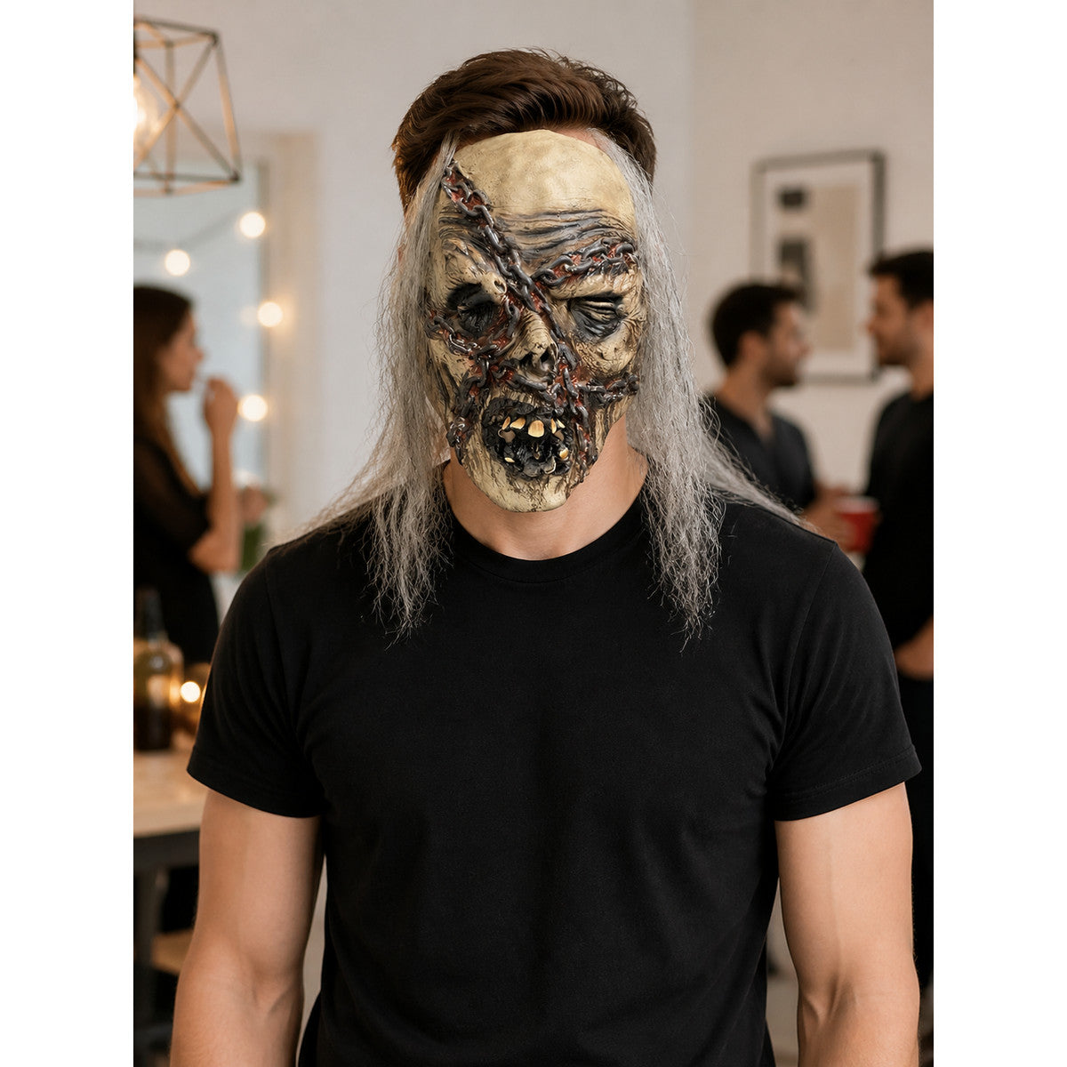 Zombie Halloween Mask with Chains and Long Hair