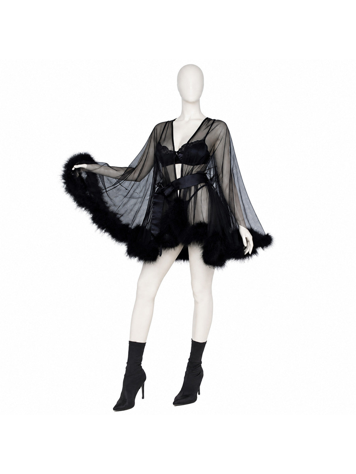 Black Sheer Robe with Belt and Long Sleeves