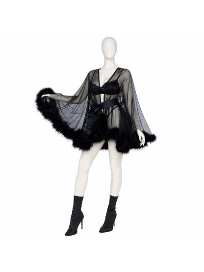 Black Sheer Robe with Belt and Long Sleeves
