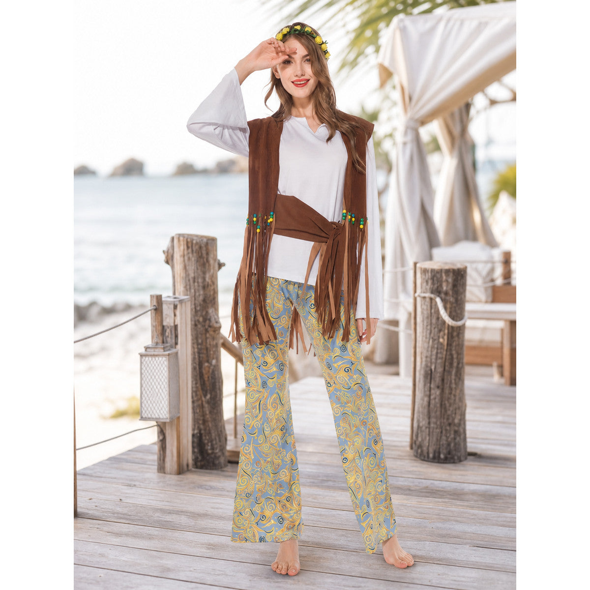 Boho 1970s Hippie-Style Costume with Vest and Pants lifestyle