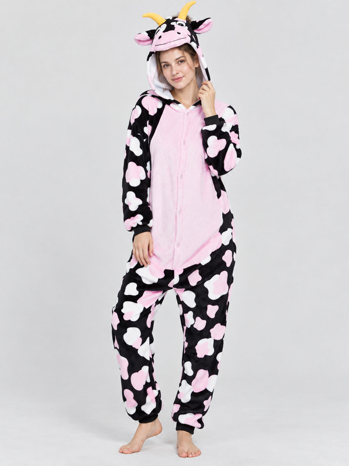 Hooded Pajama Jumpsuit with Cow Face