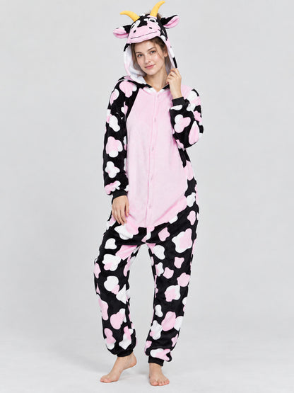 Hooded Pajama Jumpsuit with Cow Face