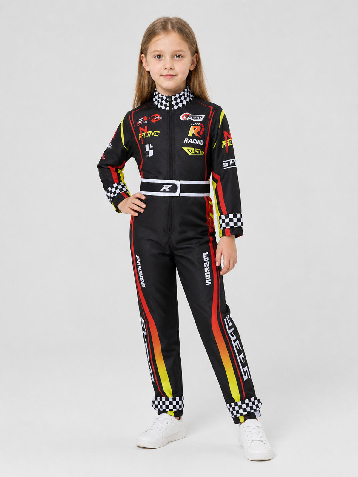 Children’s Summer Racing Jumpsuit with Stripes and Checkerboard Pattern