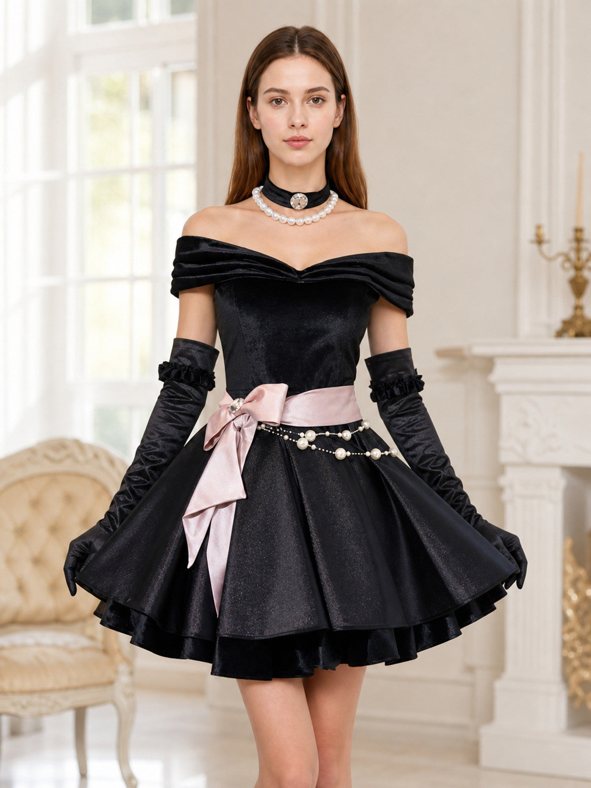 Gothic cosplay dress costume with gloves lifestyle view