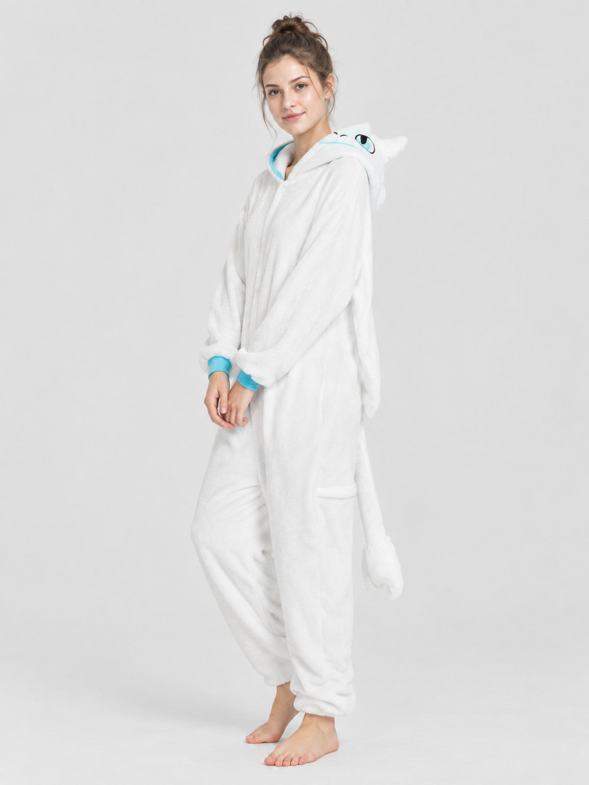 White Fleece Hooded Pajama Jumpsuit with Tail