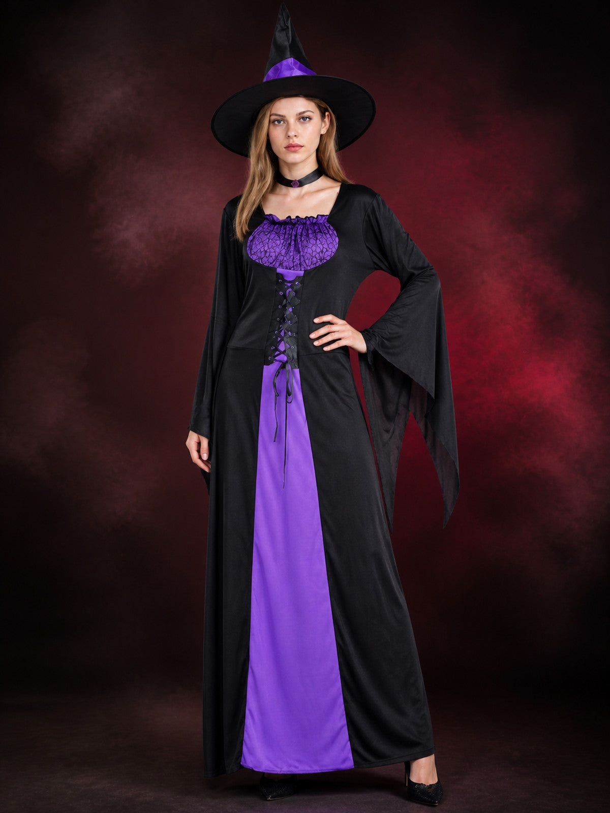 Witch Costume with Hat and Flared Sleeves for Halloween main product view