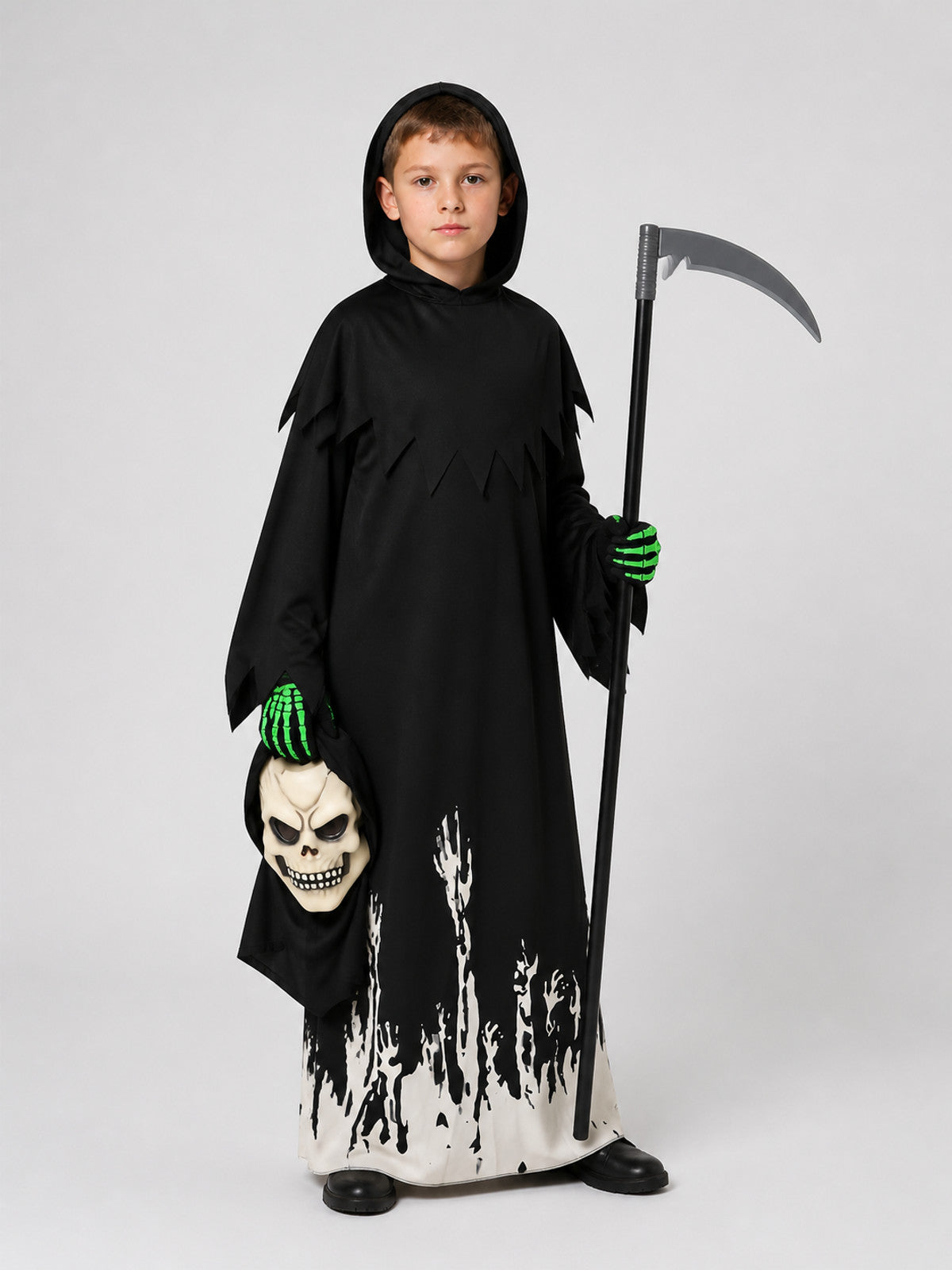 Death Costume with Mask, Glow-in-the-Dark Gloves, and Scythe Costume Masks detail