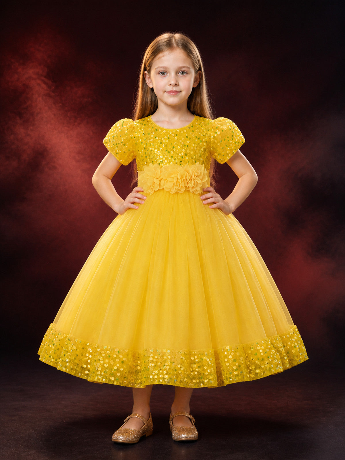 Baby Girls Princess Dress, Sequined Bodice, 3D Flower Waist, Layered Tulle Skirt
