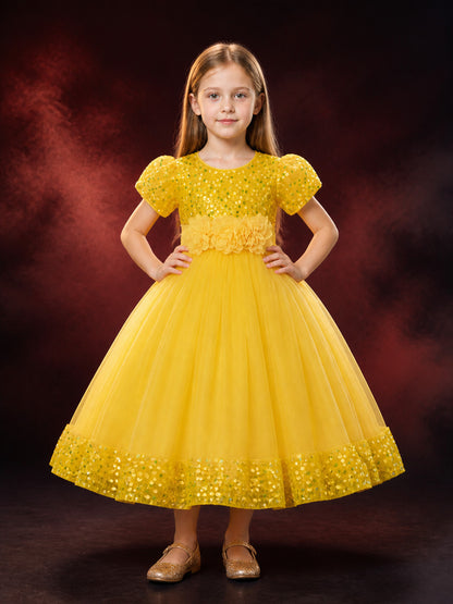 Baby Girls Princess Dress, Sequined Bodice, 3D Flower Waist, Layered Tulle Skirt