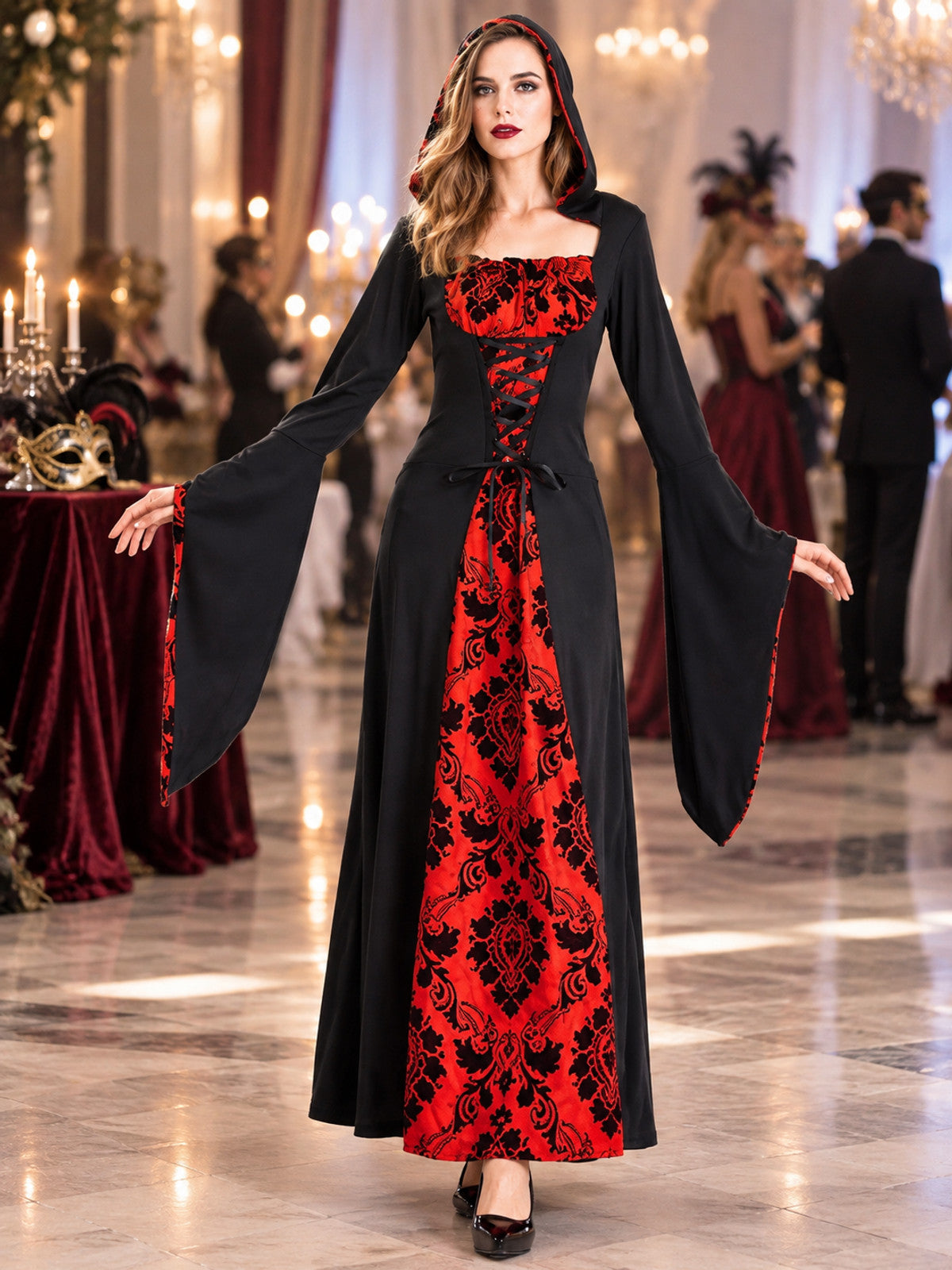 Witch Halloween Costume with Hood and Red Insert