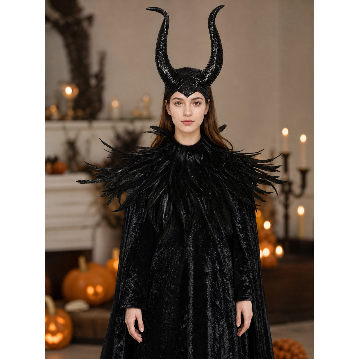 Black horned headpiece and feather-trimmed cape shown on a woman in a candlelit Halloween setting