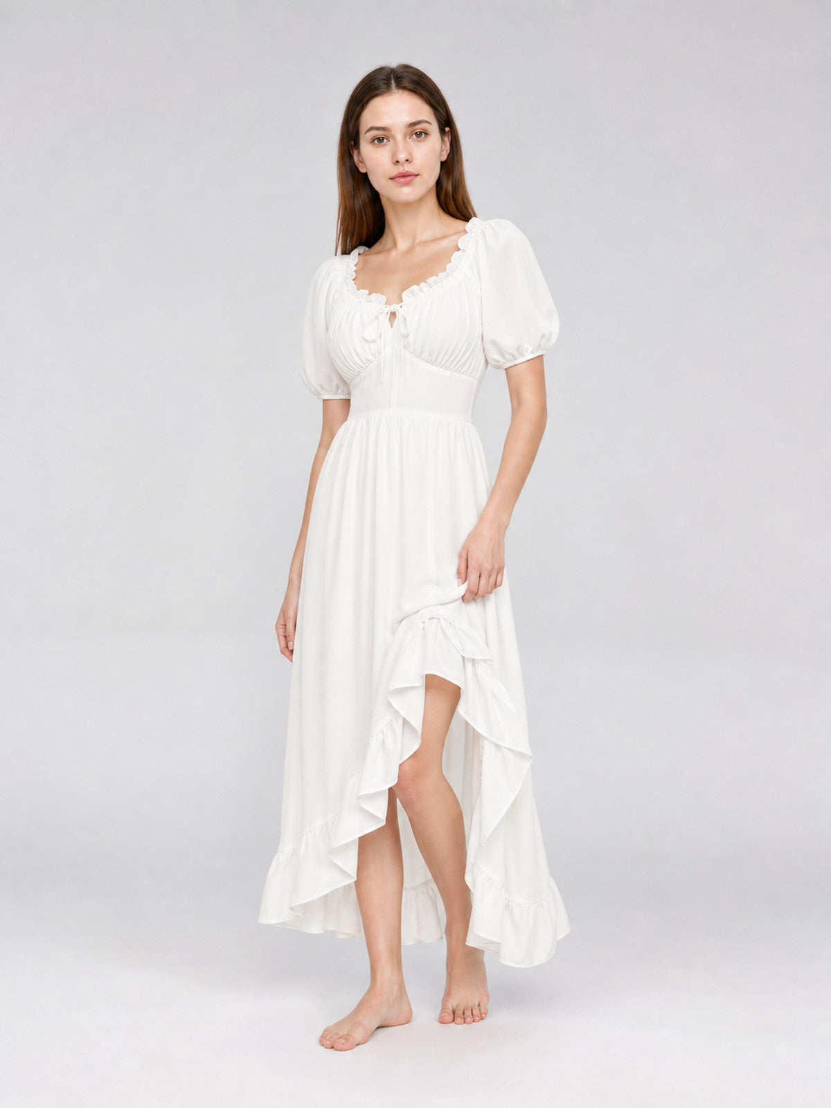 White Midi Dress with a Corset-Style Bodice and Ruffles