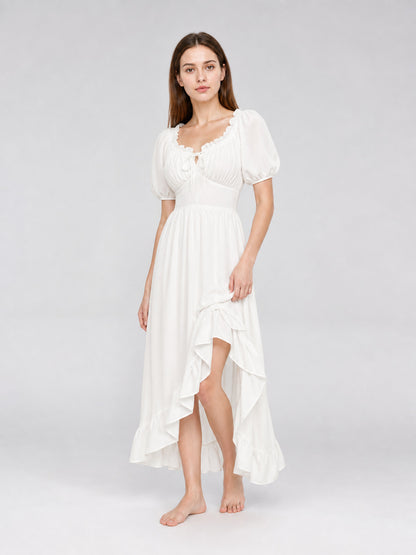 White Midi Dress with a Corset-Style Bodice and Ruffles