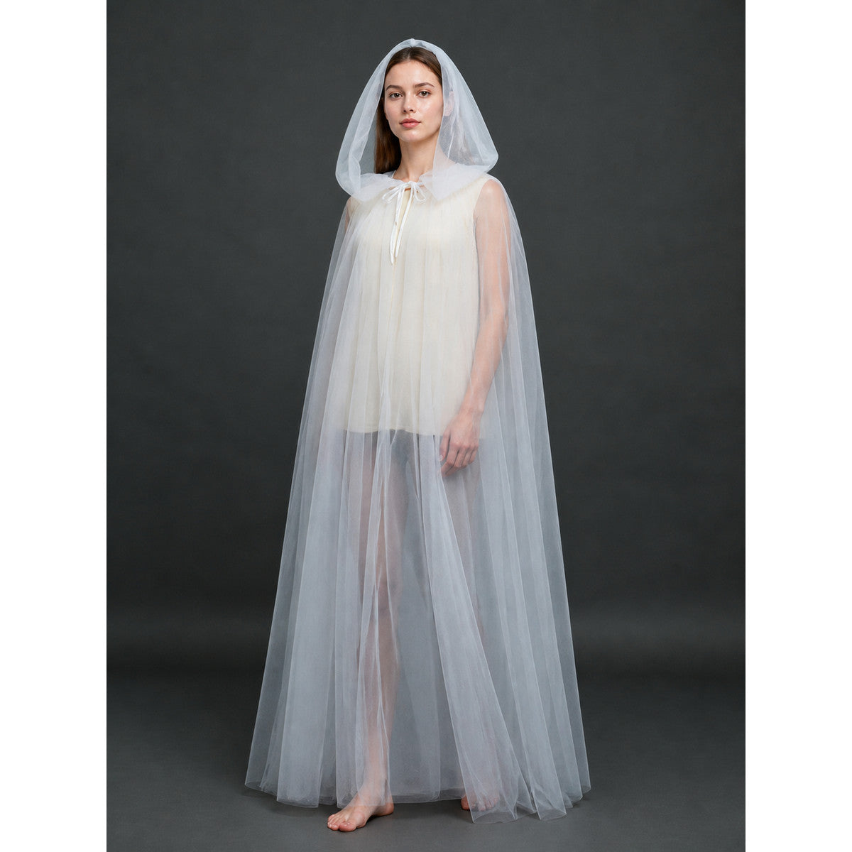 Long Semi-Transparent White Hooded Cape Costume Capes detail