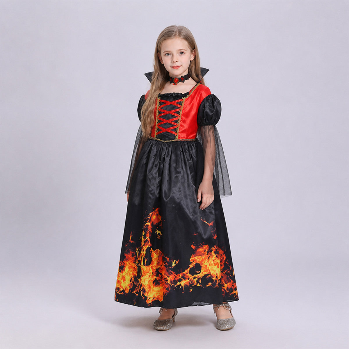 Halloween Dress with Flame Print and Puff Sleeves on-model front view