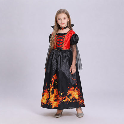 Halloween Dress with Flame Print and Puff Sleeves on-model front view