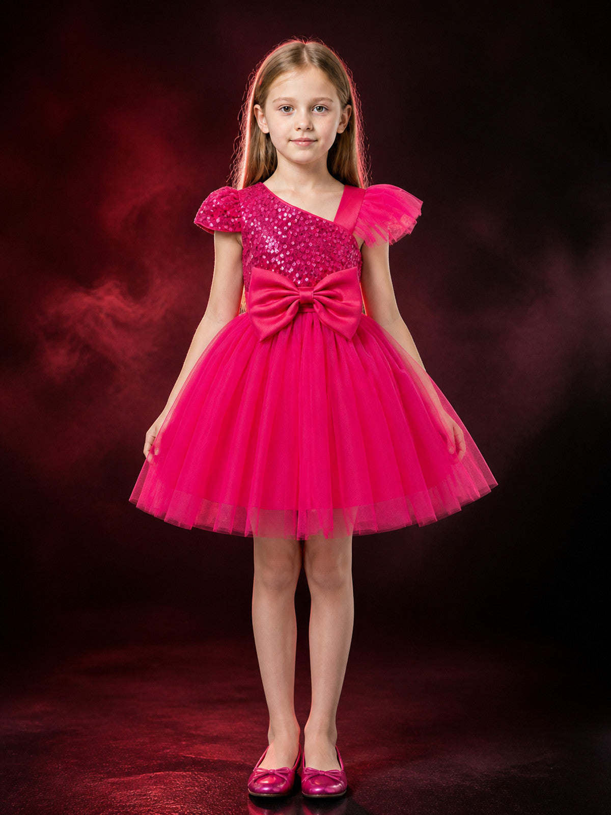 Girls' Rose Red Princess Dress, Sequined Bodice, Layered Tulle Skirt With Bow main product view