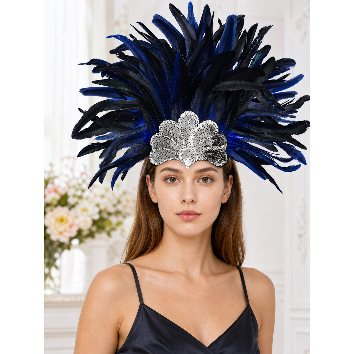 Carnival Headpiece with Blue Feathers lifestyle view