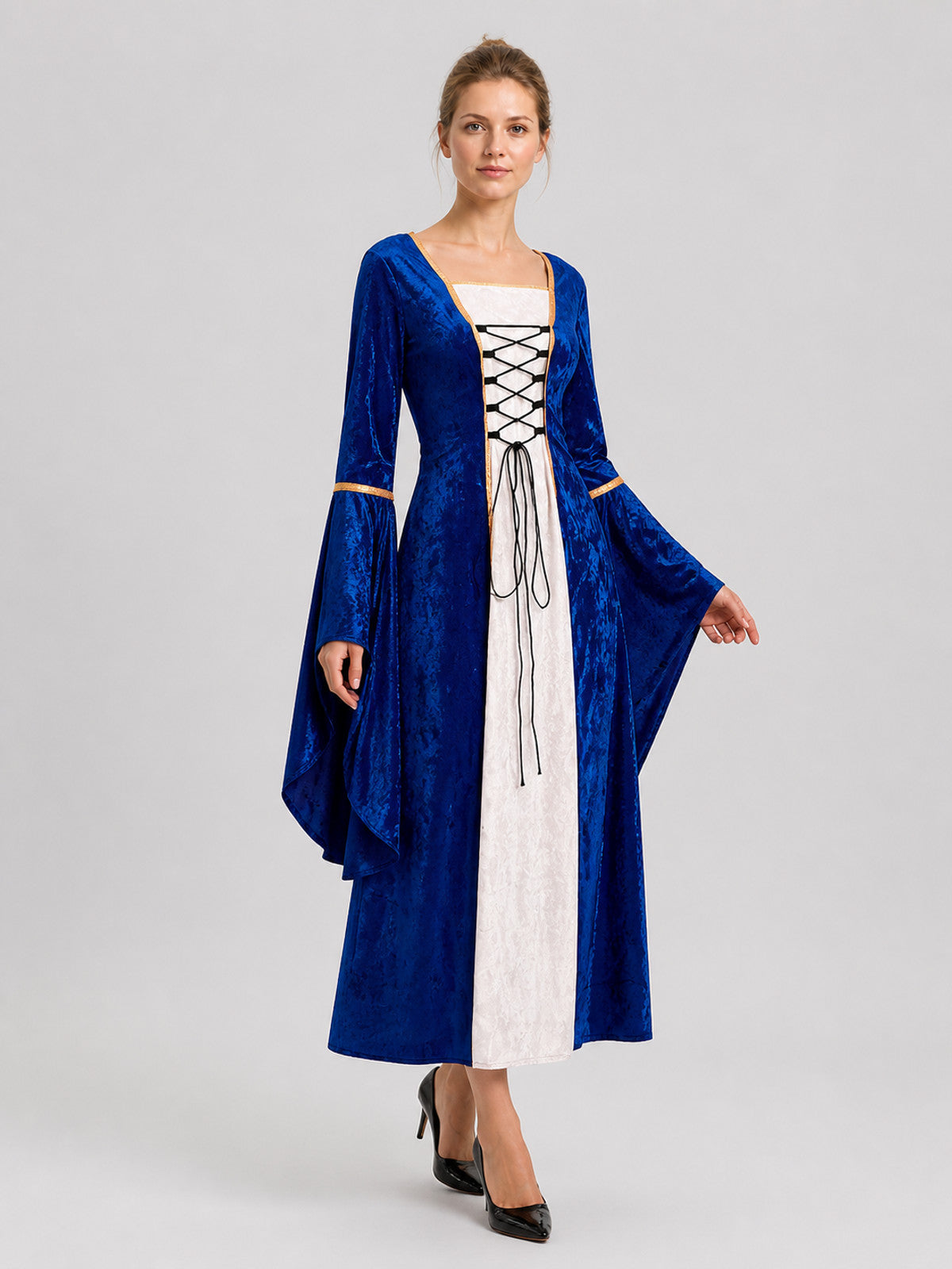 Retro-Style Dress with Flared Sleeves and Lace-Up Detail Costume Dresses detail