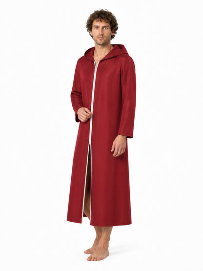 Dark Red Hooded Zip-Up Coat